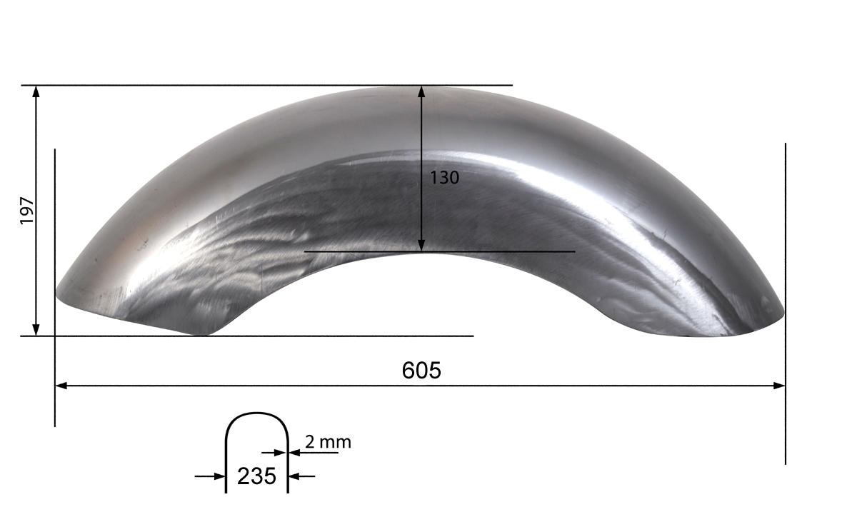 Rear fender universal 231 mm made of 2 mm steel