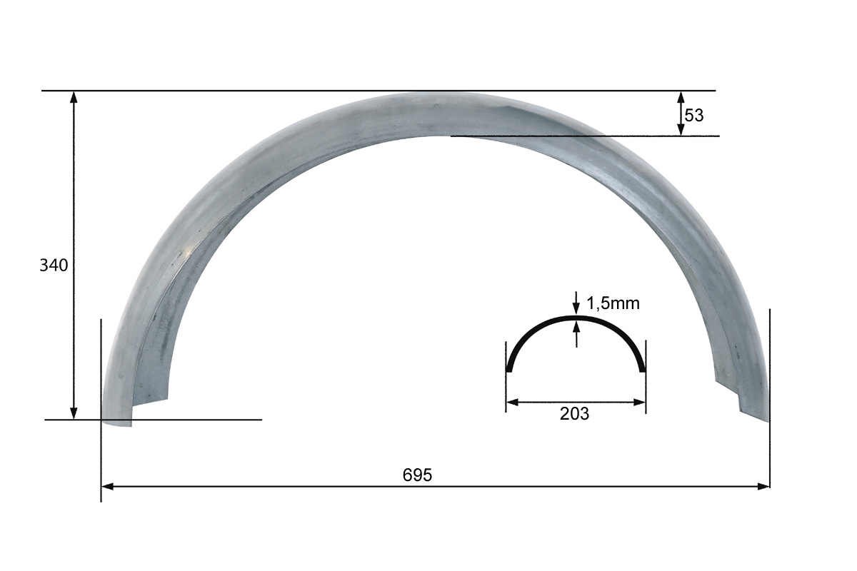 Rear fender universal 200 mm made of 1,5 mm steel