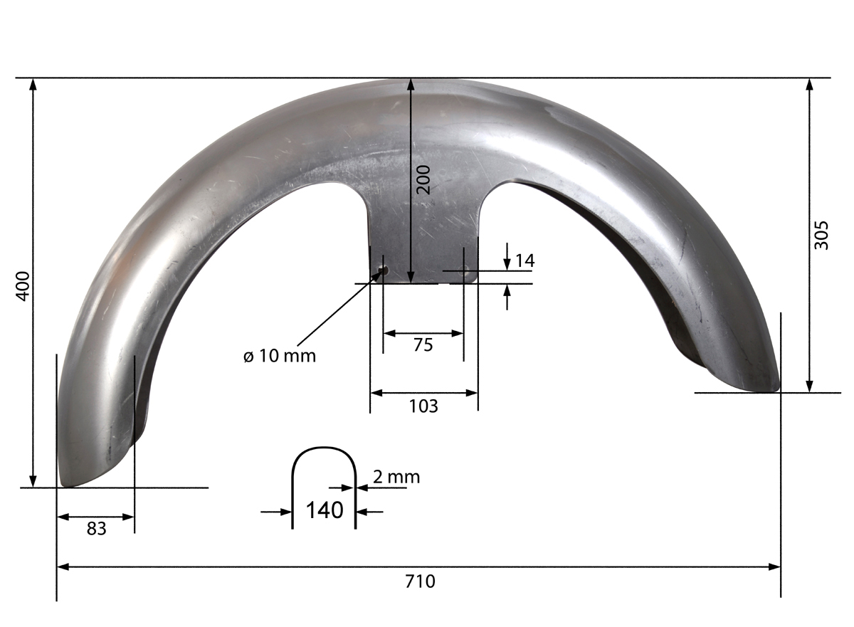 Front fender universal 139 mm made of 2 mm steel